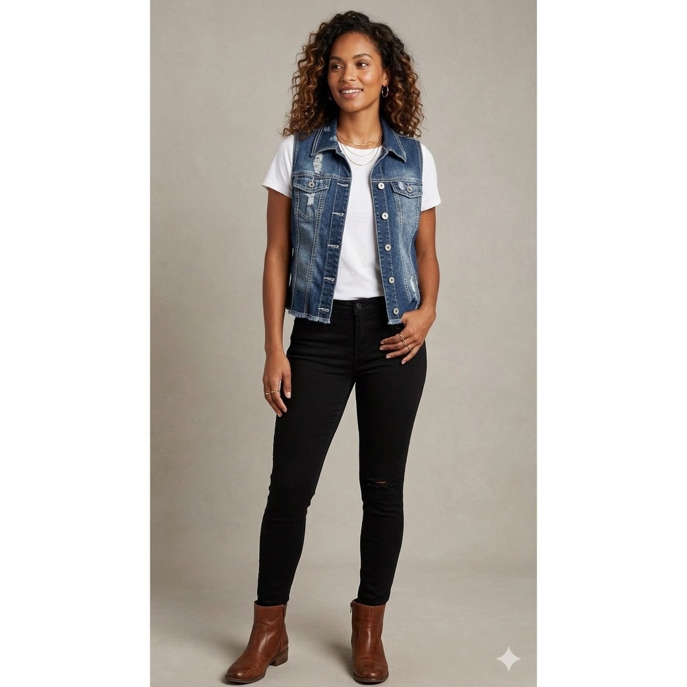 Maurices Womens Distressed Denim Vest Medium Wash Frayed Hem Blue Size M
